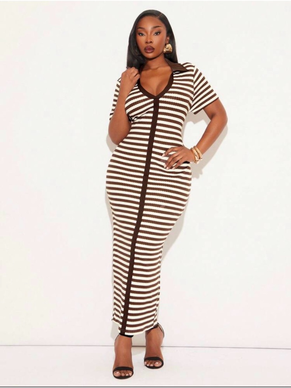 SHEIN Brown & White V‑Neck Striped Maxi Dress